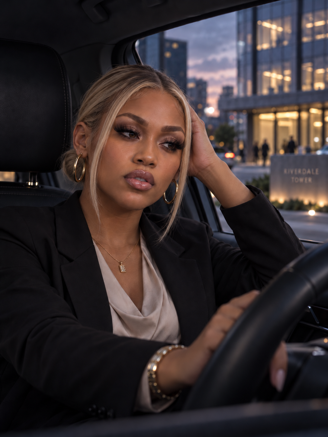 Woman finishing a stressful workday, sitting in her car at dusk